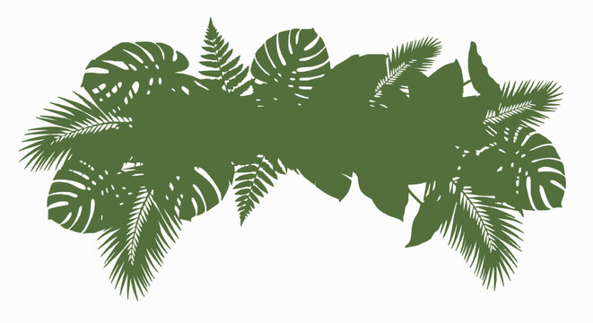 Tropical jungle foliage silhouette border design featuring assorted exotic palm leaves on a clean white background