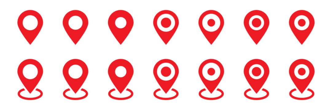 Red map pin icon set. Location pointer silhouette pack, gps navigation marker bundle, target and shadow position indicator for address find