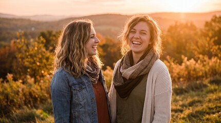 Fototapeta premium Two smiling women stand in an outdoor setting during golden hour. The woman on the left wears a denim jacket, and the woman on the right wears a cardigan and scarf.