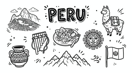 Peru culture icons illustration featuring Machu Picchu, llama, pan flute, traditional pottery, flag, and sun symbol representing Andean heritage © Ali