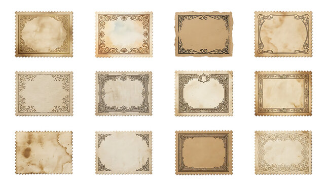 Set of vintage postage stamp frames isolated on transparent background