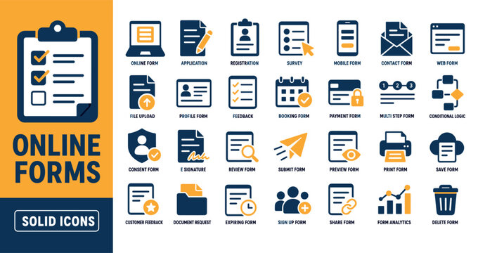 Online forms solid graphic icon set collection featuring digital document symbols for web design, user interface development, and digital survey applications