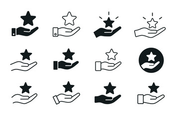 Fototapeta premium Hand holding star rating icon vector set representing customer feedback and premium quality evaluations for digital user interfaces