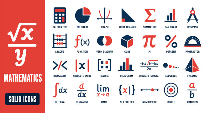 Mathematics solid icons collection featuring educational symbols including calculator pie chart graph right triangle summation compass and other essential algebra and geometry tools