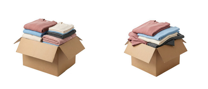 Cardboard boxes filled with folded colorful sweaters isolated on transparent background