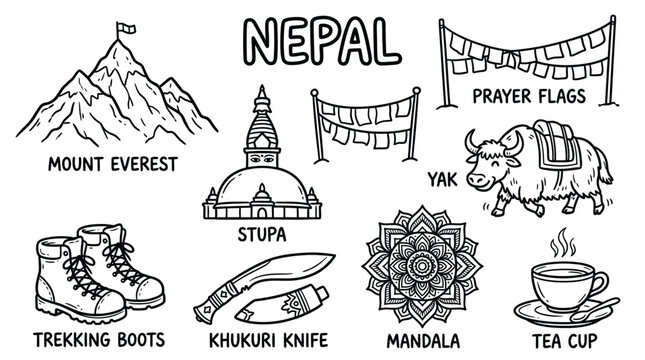 Nepal culture icons illustration featuring Mount Everest, stupa, prayer flags, yak, trekking boots, khukuri knife, mandala, and tea cup design