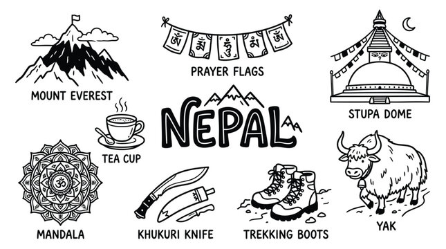 Nepal culture icons illustration featuring Mount Everest, stupa, prayer flags, yak, trekking boots, khukuri knife, mandala, and tea cup design