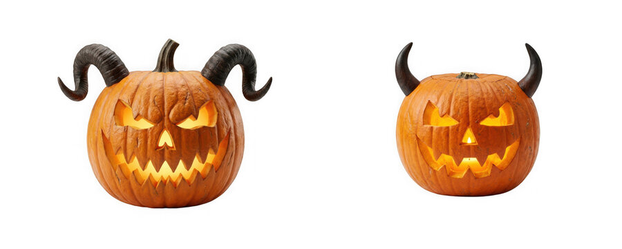 Two spooky halloween pumpkins with horns and glowing faces isolated on transparent background