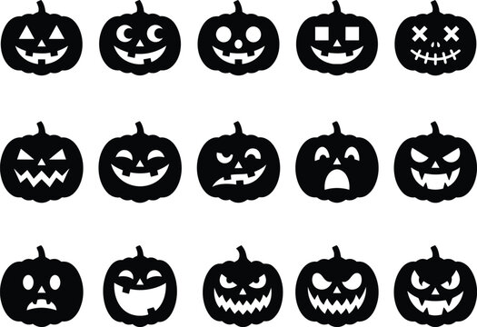 Set of fifteen black pumpkin silhouettes with various spooky and funny carved face expressions isolated on transparent background, Vector