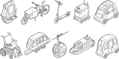 Isometric Urban Mobility Vehicle Outline Vector Set with Modern Transportation and Autonomous Transit Concepts © Millat