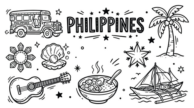 Philippines culture icons illustration featuring jeepney, rice dish, guitar, pearl, coconut tree, flag star, bangka boat, and sun symbol design
