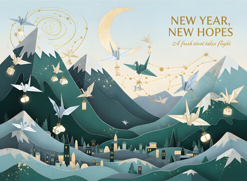 Whimsical Mountain Landscape with Fireflies and Night Sky Scene