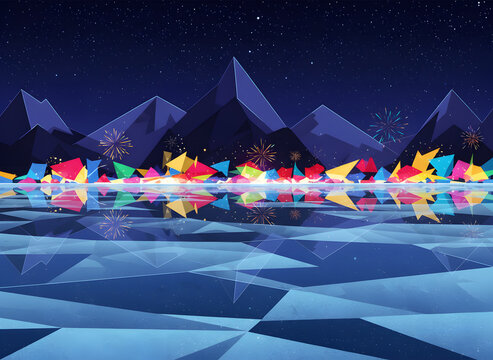 Colorful Tent Campsite on Arctic Ice with Mountain Backdrop at Night