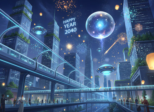 Futuristic cityscape at night with glowing lights and floating orbs