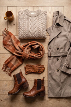 A knitted sweater and wool scarf are placed neatly on a wooden floor. Ankle boots, a trench coat, and a coffee mug are arranged around them. This scene suggests a relaxed day indoors