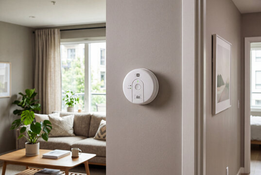 A carbon monoxide detector is fixed on the wall inside a modern apartment. The detector is in the living space, close to a sofa and a table. Sunlight comes through the window