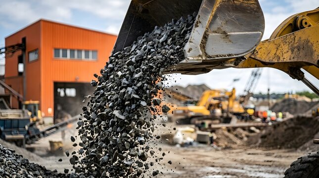 Excavator bucket unloading gravel onto pile at busy construction site with building.