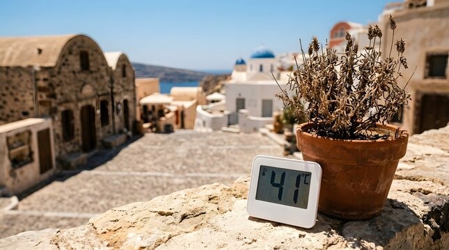 Digital thermometer showing high temperature forty one degrees in sunny coastal santorini.