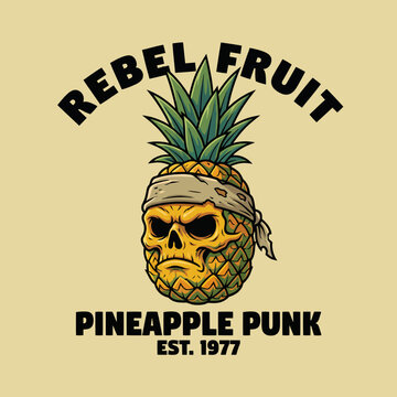 A striking pineapple illustration combined with a skull wearing a bandana, representing the rebellious punk aesthetic and the fusion of nature and edge.