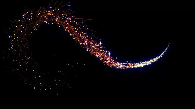Gold Glowing Comet Trail with Sparkling Glitter, Magic Star Dust, Flying Golden Particles, Bright Flare Effect, Black Background, Seamless Loop Animation, 4K Background