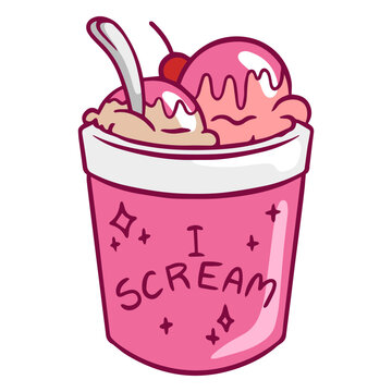 Pink ice cream cup with the words i scream on it