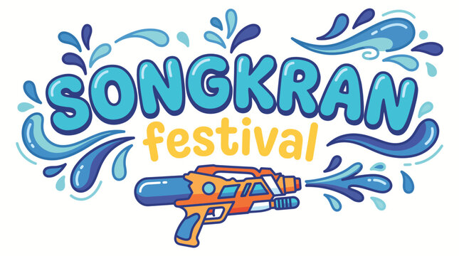 A vibrant design celebrating the Songkran festival, featuring playful water-themed graphics and a water gun, encapsulating the joy and festivities of Thai culture.