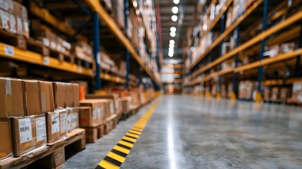 Obraz premium Long warehouse aisle lined with tall shelves holding stacked cardboard boxes on wooden pallets near yellow safety stripes