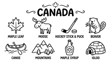 Canada culture icons illustration featuring maple leaf, moose, beaver, hockey stick, canoe, igloo, mountains, and maple syrup bottle design © Amjad