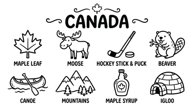 Canada culture icons illustration featuring maple leaf, moose, beaver, hockey stick, canoe, igloo, mountains, and maple syrup bottle design