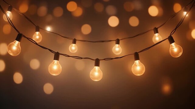 String of warm glowing incandescent light bulbs hanging against a softly blurred bokeh background lights