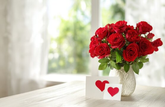 A bouquet of vibrant red roses in a white ceramic vase with two heart-shaped greeting cards on a wooden table near a bright window light