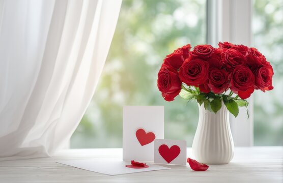 A arrangement of red roses in a white vase with two heart-shaped cards and a fallen petal on a wooden table by a bright window