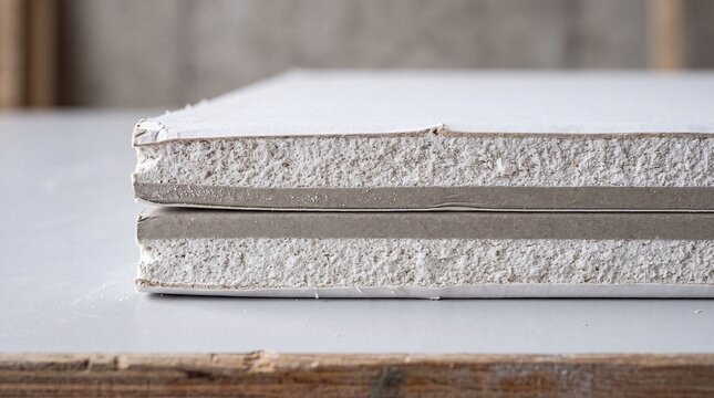 Two sheets of drywall stacked on a wooden surface. The sheets are light gray with a textured edge, suitable for construction and renovation projects.