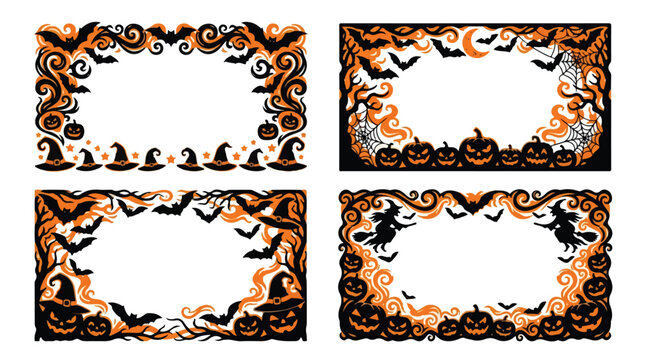 Halloween Horizontal Border Templates with Witches Pumpkins and Bats, Orange and Black Vector Frames Set
