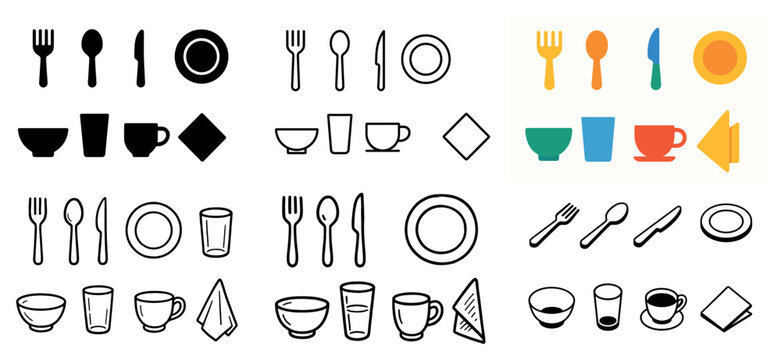 Dining icons with fork spoon plate outline