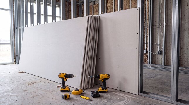 Construction site with drywall sheets stacked against a wall. Power drills are placed on the floor, indicating ongoing renovation work.