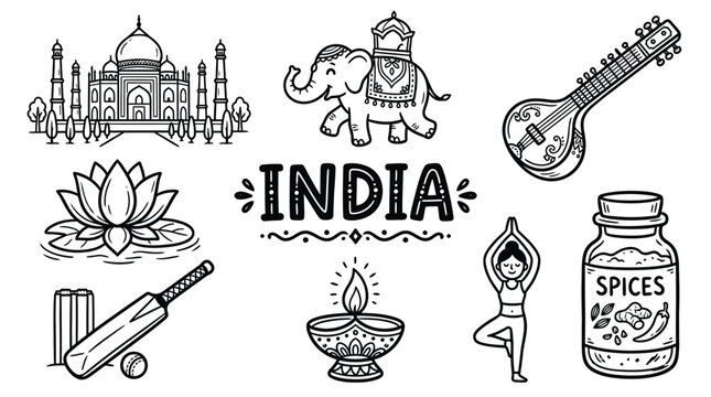 India culture icons illustration featuring Taj Mahal, elephant, sitar instrument, lotus flower, spices jar, cricket bat, ball, and yoga pose design