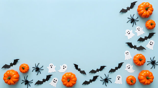 Halloween decorations, orange pumpkins, black bats, ghostly spirits, spooky party elements halloween