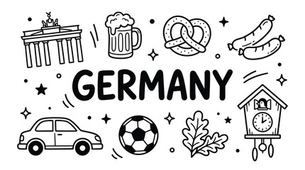 Germany culture icons illustration featuring Brandenburg Gate, pretzel, sausage, beer mug, cuckoo clock, car, soccer ball, oak leaves, and hops design © Amjad