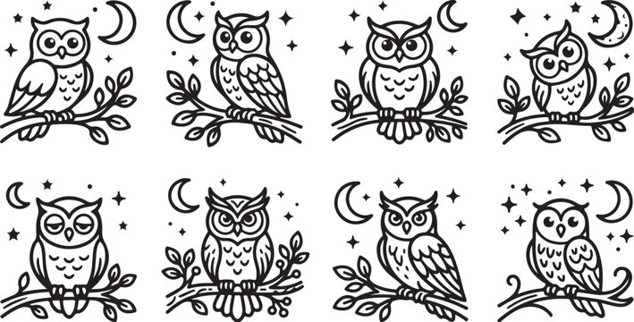 Eight black and white owl illustrations perched on branches