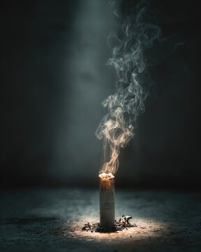 Cigarette burning like candle with smoke forming ghost shape, life force draining away, memento mori concept, haunting atmospheric mood, mortality contemplation
