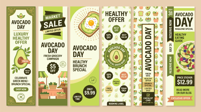 Avocado Day vertical banner set, healthy food market sale flyers, green grocery campaign web headers, organic brunch special vector templates