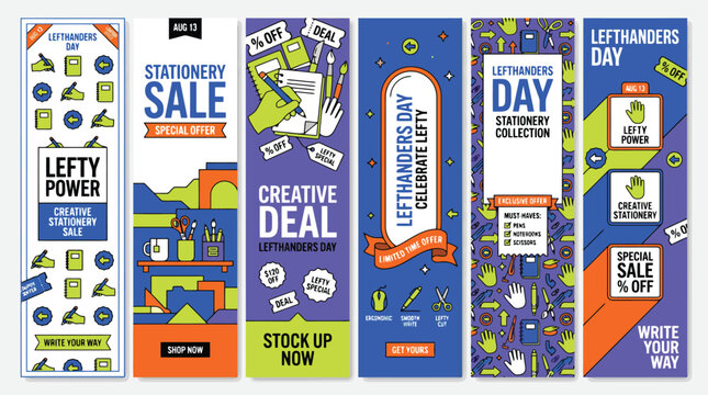 Lefthanders Day stationery sale vertical banners, creative office supplies promotion set, colorful marketing web headers for left-handed products