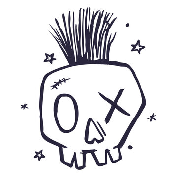 Black and white drawing of a skull with a mohawk