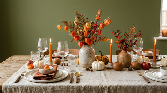 Autumn Thanksgiving table setting, fall decorations, harvest dinner, seasonal ambiance halloween