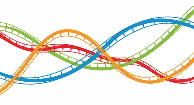 A vibrant amusement park skyline features colorful roller coasters at dusk.