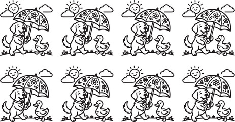 Fototapeta premium Cartoon dog holding umbrella with duckling