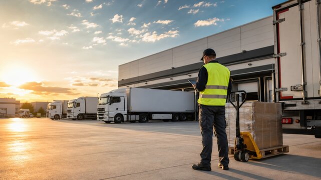 Workers perform loading tasks at a shipping dock during sunset as trucks are parked outside a warehouse facility