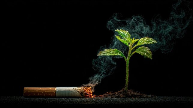 Cigarette transforming into flowering plant stem mid-burn, surreal conceptual imagery, growth and renewal metaphor, vibrant green against dark background, hope and healing visualization