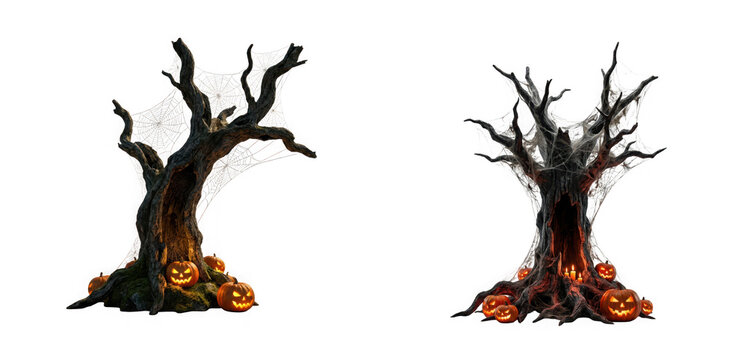 Set of two spooky dead trees with cobwebs and glowing jackolanterns isolated on transparent background